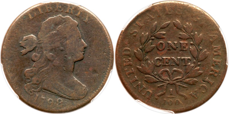 1799/8 NC-1 R7 PCGS graded VG8. Glossy medium chocolate brown and steel. The sur...