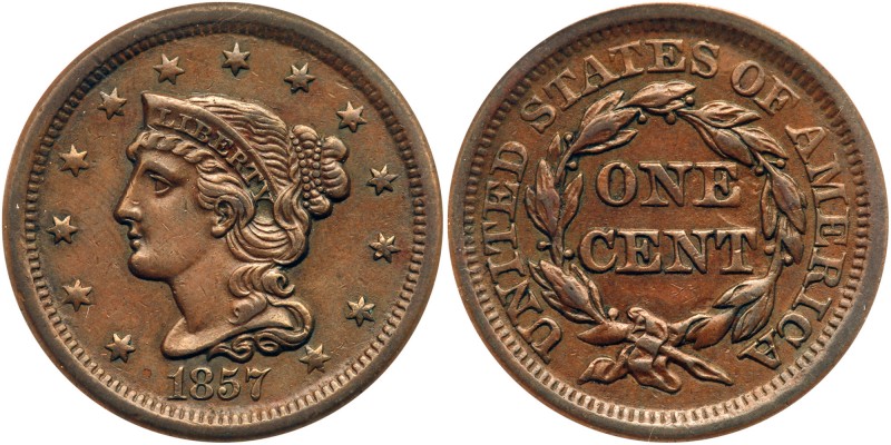 1857 N-4 R1 Small Date ANACS graded AU53. Glossy medium brown. A choice cent wit...