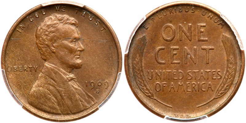 1909-S. VDB. PCGS graded AU Details, Scratch. Long thin scratch on obverse mostl...
