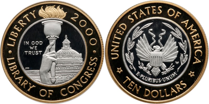 2000-W Library of Congress Bicentennial Bimetallic $10. Gem Proof. Housed in the...