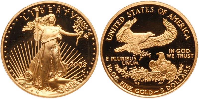 2003-W $5 American Gold Eagle. Gem Proof. Contains 1/10 ounce of gold. Housed in...