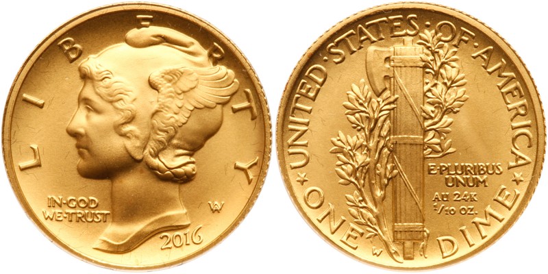 2016-W Mercury Dime Gold Coin. Gem Uncirculated. Contains 1/10 ounce of pure gol...