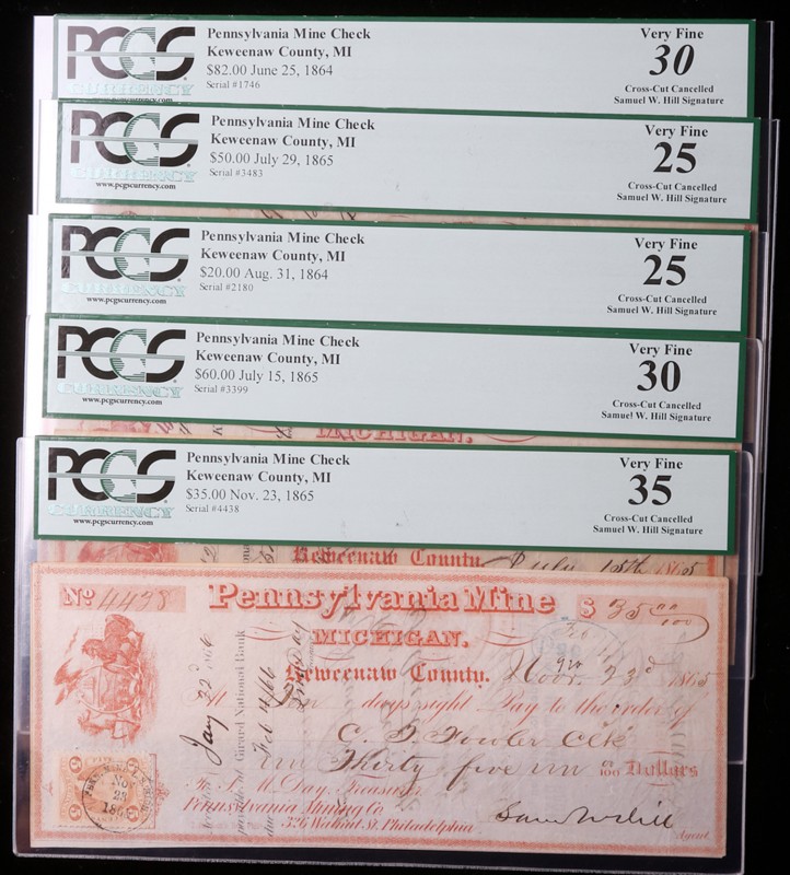 Pennsylvania Mint Checks - Keweenaw County, Michigan, 1864-1865. Lot of 5 Notes....