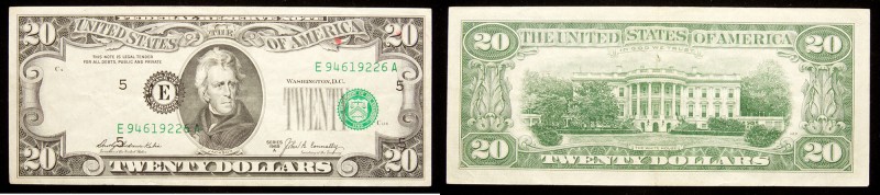 ERROR NOTE: $20.00 FRN Series 1969-A. Misaligned overprint. Major shift to right...