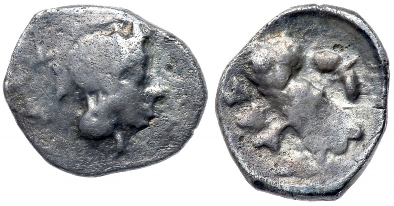 Judaea, Yehud (Judah). Silver Gerah (0.49 g), ca. 375-332 BCE. Head of Athena ri...