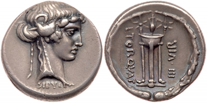 L. Torquatus. Silver Denarius (3.89 g), 58 BC. Rome. SIBVLLA below, head of Siby...