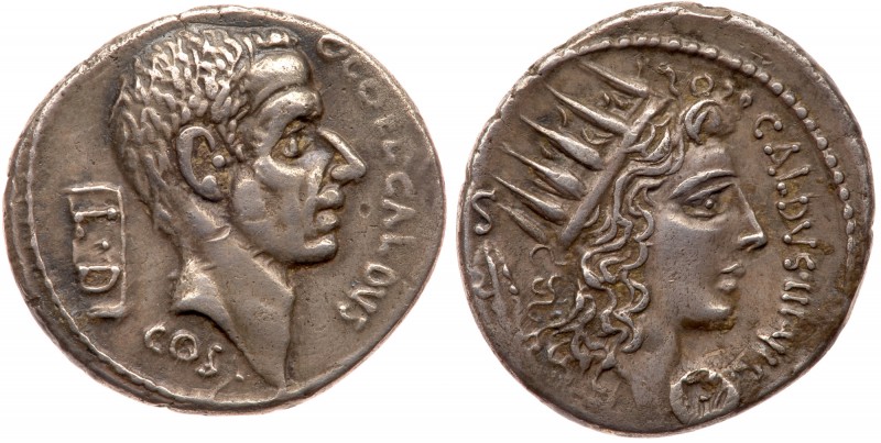 C. Coelius Caldus. Silver Denarius (3.82 g), 53 BC. Rome. C COEL CALDVS, COS bel...