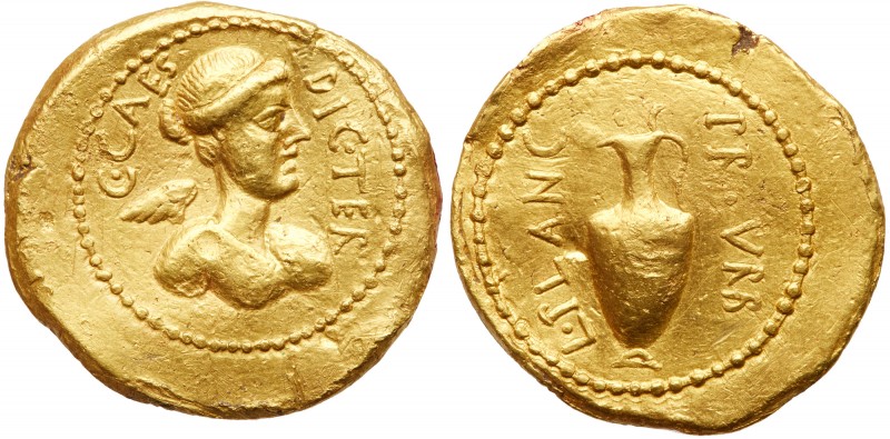 Julius Caesar. Gold Aureus (7.93 g), 46-45 BC. Rome. L. Munatius Plancus, urban ...