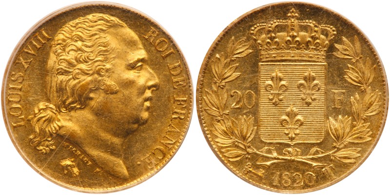 France. 20 Francs, 1820-T (Nantes). Fr-544; KM-712.8. Louis XVIII. Fresh origina...