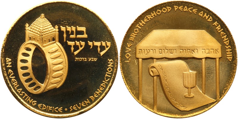 Israel. Wedding Gold Medal, 1978. 30 mm. 15 grams. 750 Fine. Features a chuppa, ...