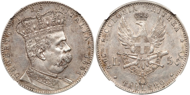 Eritrea. 5 Lire, 1891. Dav-27; KM-4. Umberto I, 1878-1900. Crowned bust right. R...