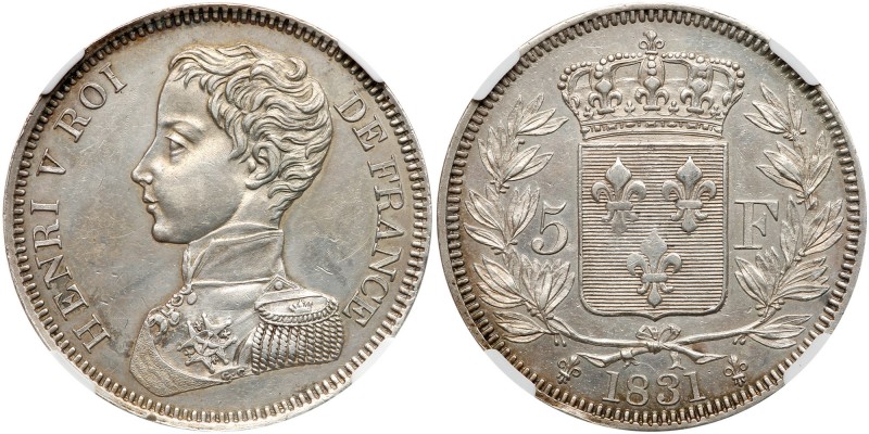 France. Silver Pattern 5 Francs, 1831. Maz-905; KM-X35; Gad-651. Henry V, Preten...