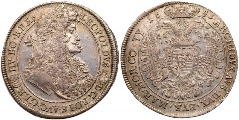 Hungary. Taler, 1691-KB (Kremnitz). Dav-3261; KM-214.2. Leopold I. Armored arm i...