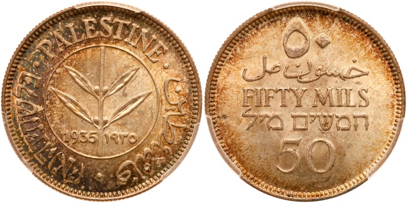 Palestine. 50 Mils, 1935. KM-6. Beautiful iridescent tone. PCGS graded MS-64. Es...