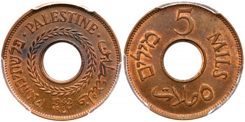 Palestine. 5 Mils, 1942. A surprising amount of mint red for the grade. Penultim...