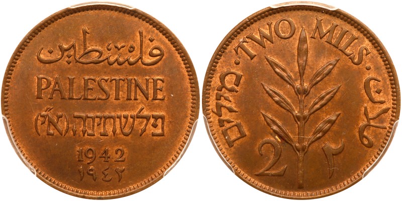 Palestine. 2 Mils, 1942. KM-2. Pop 12; only 2 examples graded finer in 65 for MS...