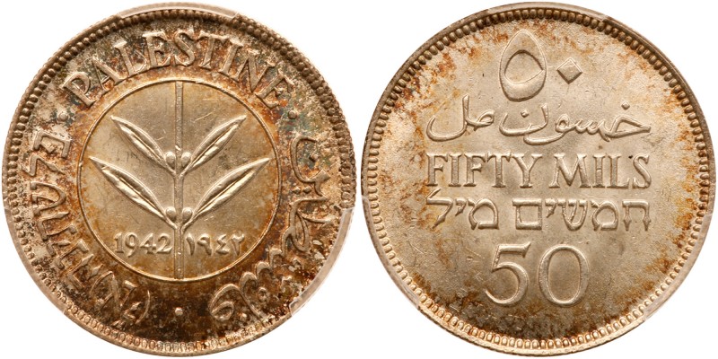 Palestine. 50 Mils, 1942. KM-6. Beautiful peripheral tone. PCGS graded MS-64. Es...