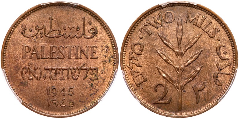 Palestine, 2 Mils, 1945. Mottled red and brown surfaces. PCGS graded MS-64RB, "S...