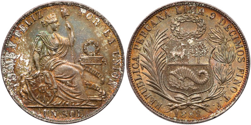 Peru. Sol, 1888-TF. Eliz-218; KM-196.24. Deep golden toning. Uncirculated. Estim...