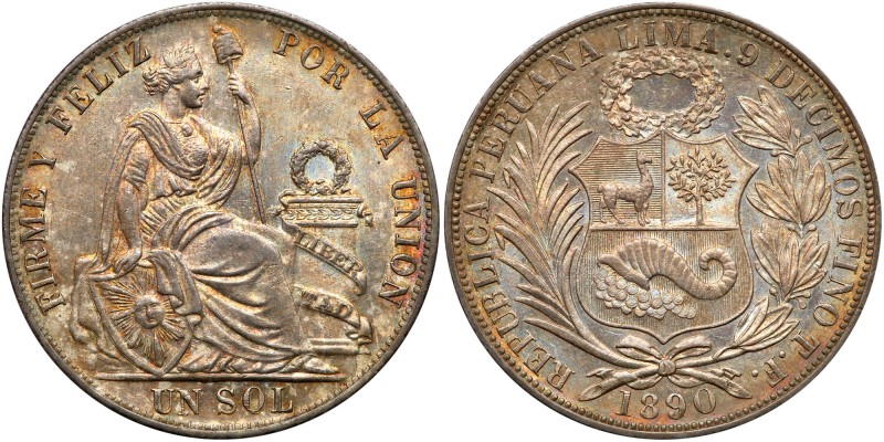 Peru. Sol, 1890-TF. Eliz-220; KM-196.24. Beautiful deep golden iridescent toning...