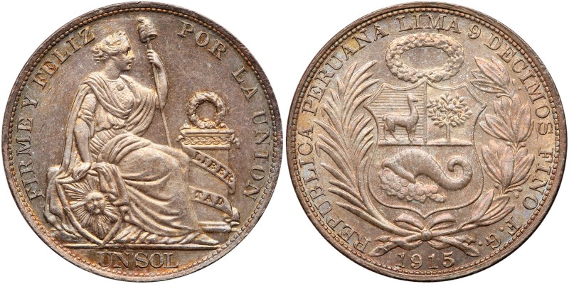 Peru. Sol, 1915-FG. Eliz-232; KM-196.26. Lovely toned. Choice Uncirculated. Esti...