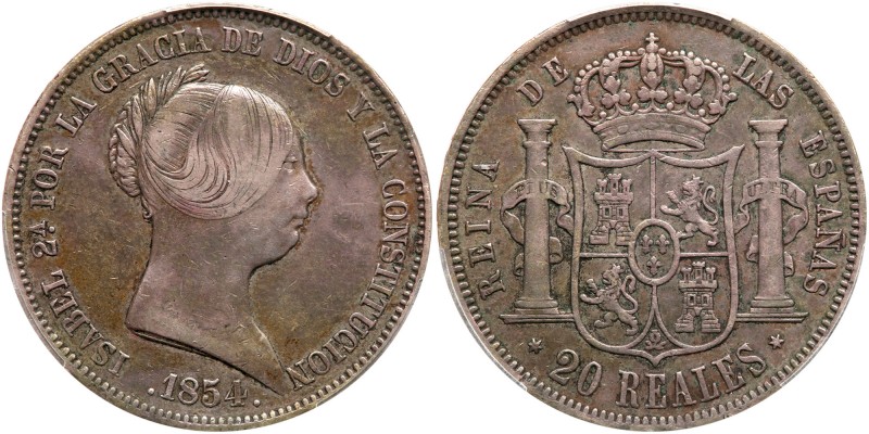 Spain. 20 Reales, 1854. KM-593.2. Madrid. 6-pointed star. Isabel II. Toned. PCGS...