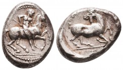 Cilicia. Kelenderis circa 350-330 BC.
Stater AR
Nude ephebe riding prancing horse to right, holding reins in his right hand and goad in his left, in f...