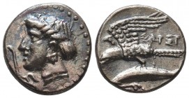 Paphlagonia, Sinope AR Drachm, magistrate. Circa 410-350 BC. Head of nymph Sinope left, hair elaborately arranged and wearing sakkos / ΣΙΝΩ, eagle sta...