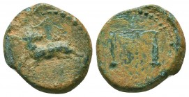 PHARONIC KINGS OF EGYPT. Nektanebo II (361-343 BC). Ae.
Obv: Ram leaping left, head reverted.
Rev: Scales; c/m: helmeted bust right.
Weiser 1.


Weigh...
