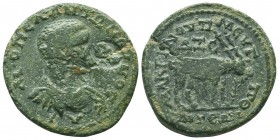 Diadumenian, as Caesar Æ27 of Aigeai, Cilicia. Struck year 264 = AD 217-218. Laureate, draped and cuirassed bust right / Goat, with torches attached t...