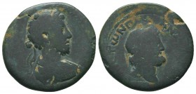 CILICIA, Anazarbus. Commodus. 177-192 AD. Æ . Laureate, draped, and cuirassed bust of Commodus right / Diademed and draped bust of Zeus Olybrius right...