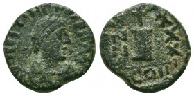 Justinian I. AD 527-565. Ae 
Condition: Very Fine


Weight: 2,8 gram
Diameter: 15 mm