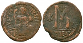 Justinian I. AD 527-565. Ae 
Condition: Very Fine


Weight: 17,0 gram
Diameter: 30,8 mm