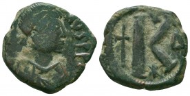 Justinian I. AD 527-565. Ae 
Condition: Very Fine


Weight: 9,6 gram
Diameter: 25,6 mm