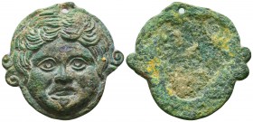 Very RARE!!!
ROMAN BRONZE APPLIQUE OF MEDUSA GORGONA, c. 1st-3rd century AD.
Condition: Very Fine

Weight: 23,4 gram
Diameter: 39,6 mm