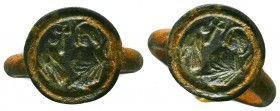 Byzantine Bronze Seal Ring , 11th-12th century AD, 
Condition: Very Fine
Weight: 5,7 gram
Diameter: 23,6 mm