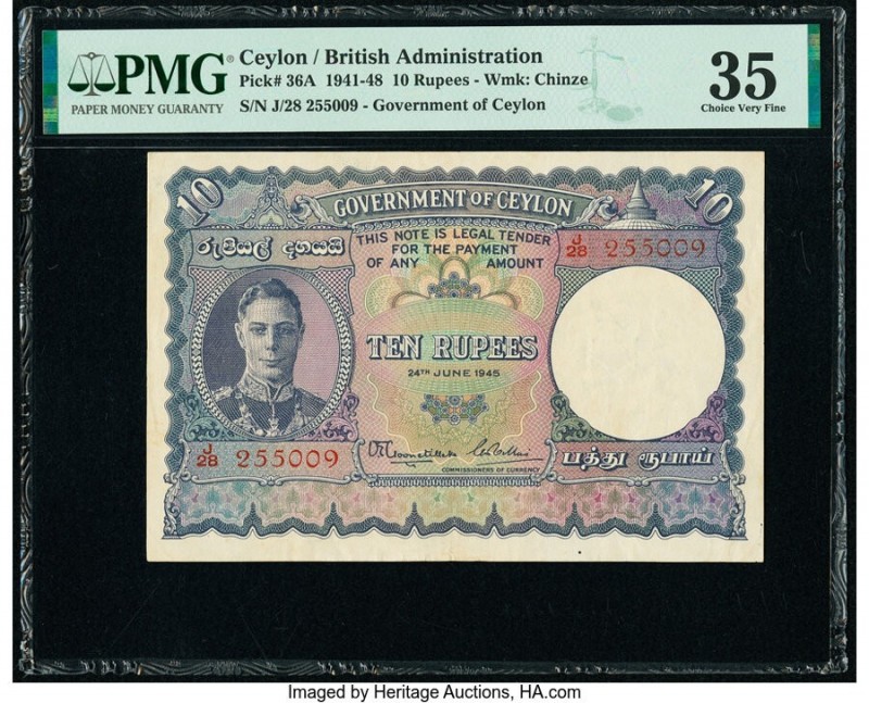 Ceylon Government of Ceylon 10 Rupees 24.6.1945 Pick 36A PMG Choice Very Fine 35...