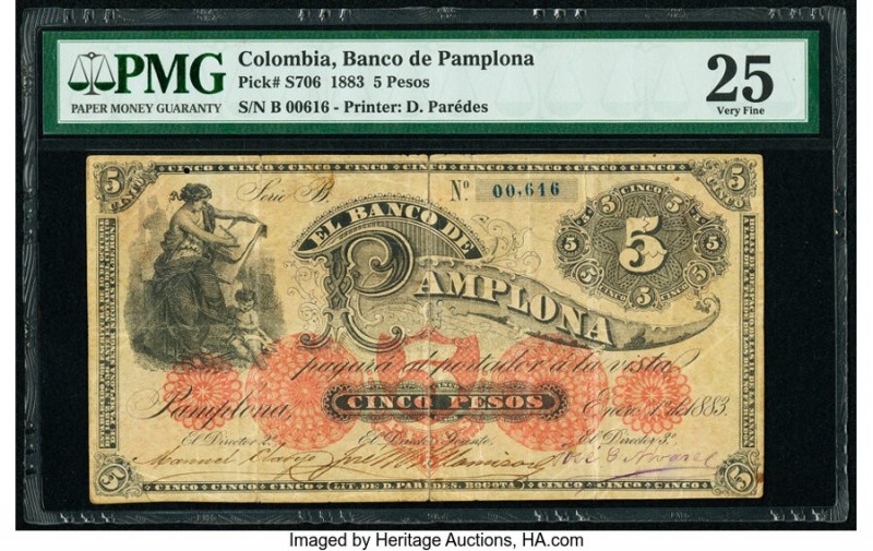 Colombia Banco de Pamplona 5 Pesos 1883 Pick S706 PMG Very Fine 25. Punch hole c...