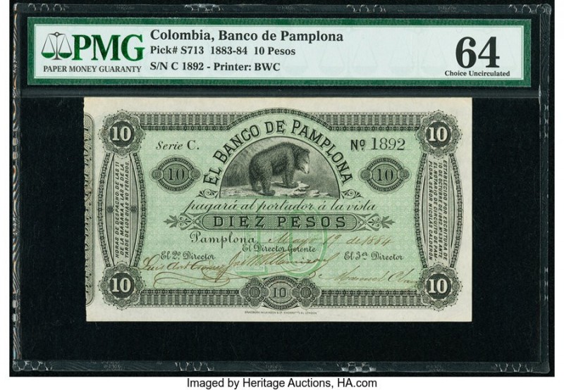 Colombia Banco de Pamplona 10 Pesos 1884 Pick S713 PMG Choice Uncirculated 64. 
...