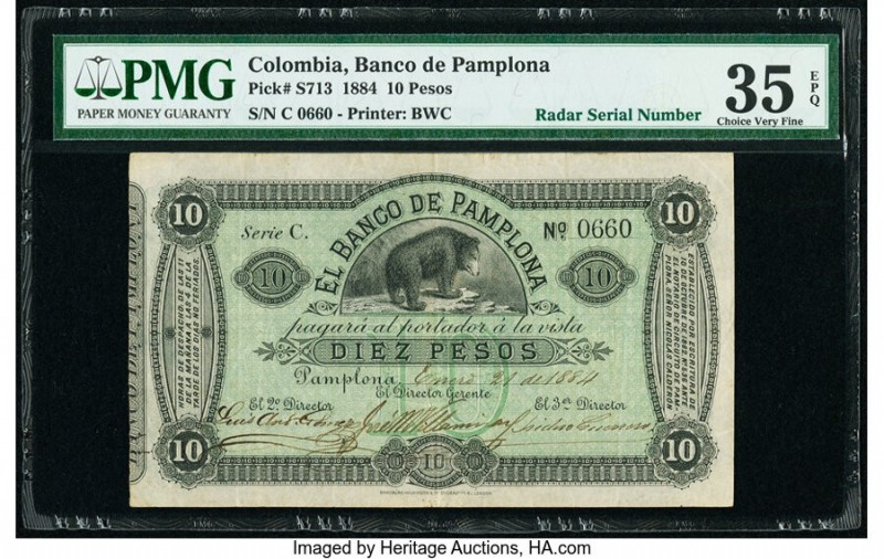 Colombia Banco de Pamplona 10 Pesos 1884 Pick S713 Radar Serial Number PMG Choic...