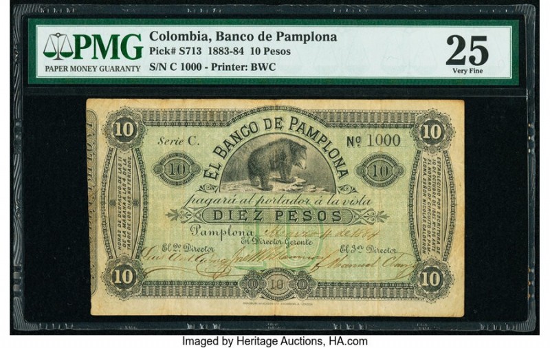 Serial 1000 Colombia Banco de Pamplona 10 Pesos 1884 Pick S713 PMG Very Fine 25....