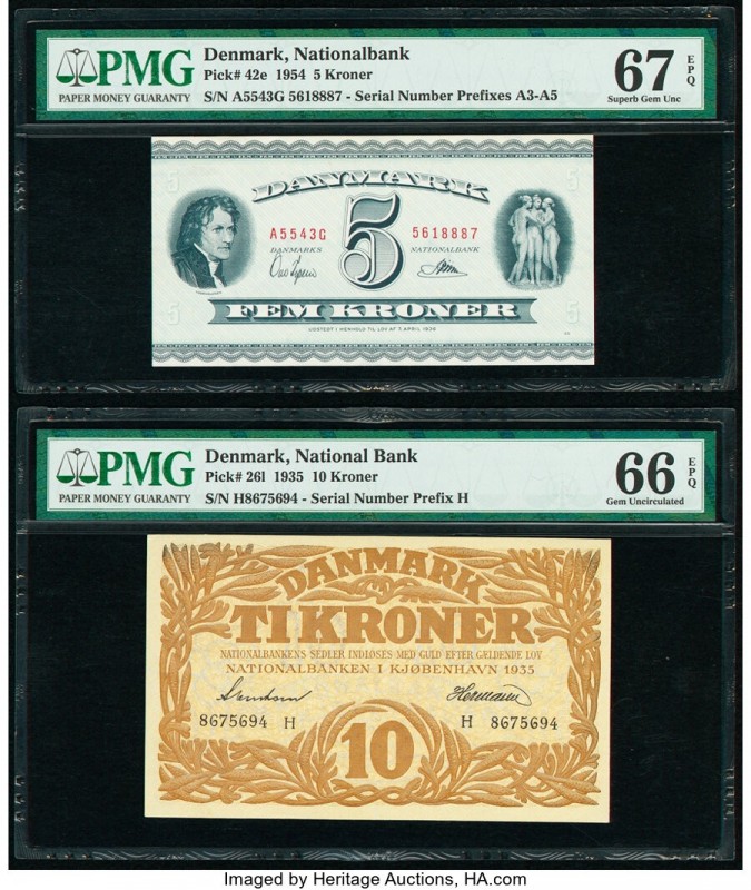 Denmark National Bank 5; 10 Kroner (1935-1954) Pick 26l; 42e Two Examples PMG Ge...