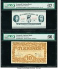Denmark National Bank 5; 10 Kroner (1935-1954) Pick 26l; 42e Two Examples PMG Gem Uncirculated 66 EPQ; Superb Gem Unc 67 EPQ. 

HID09801242017

© 2020...