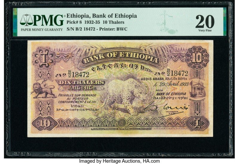 Ethiopia Bank of Ethiopia 10 Thalers 29.4.1933 Pick 8 PMG Very Fine 20. Repaired...