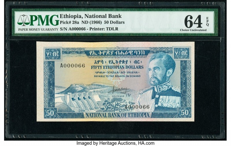 Low Serial Ethiopia National Bank 50 Dollars ND (1966) Pick 28a PMG Choice Uncir...