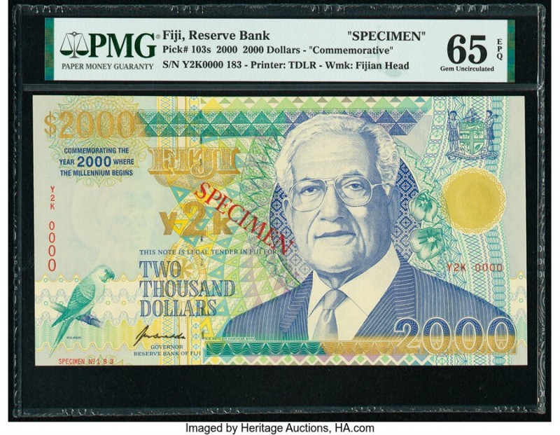 Fiji Reserve Bank of Fiji 2000 Dollars 2000 Pick 103s Commemorative PMG Gem Unci...