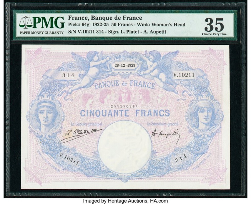 France Banque de France 50 Francs 28.12.1923 Pick 64g PMG Choice Very Fine 35. P...