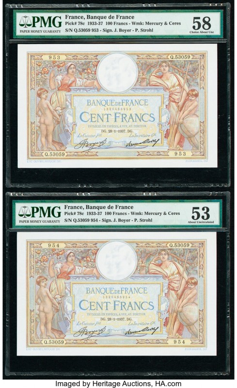 France Banque de France 100 Francs 28.1.1937 Pick 78c Two Consecutive Examples P...