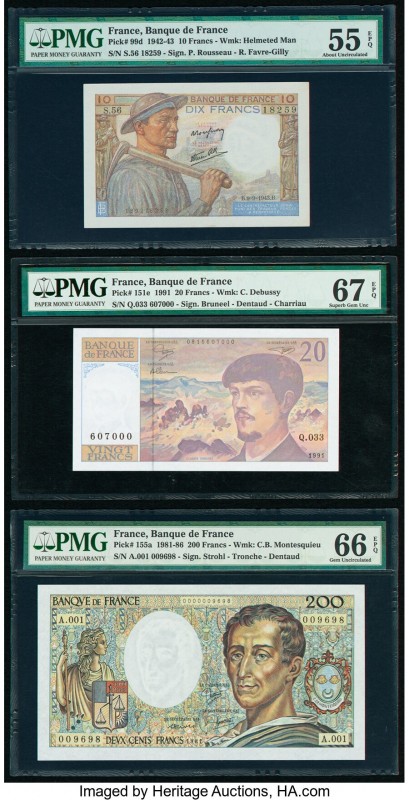 France Banque de France 10; 20; 200 Francs (1943-1991) Pick 99d; 151e; 155a PMG ...