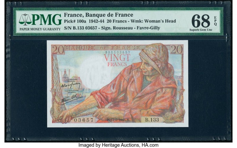 France Banque de France 20 Francs 1944 Pick 100a PMG Superb Gem Unc 68 EPQ. 

HI...
